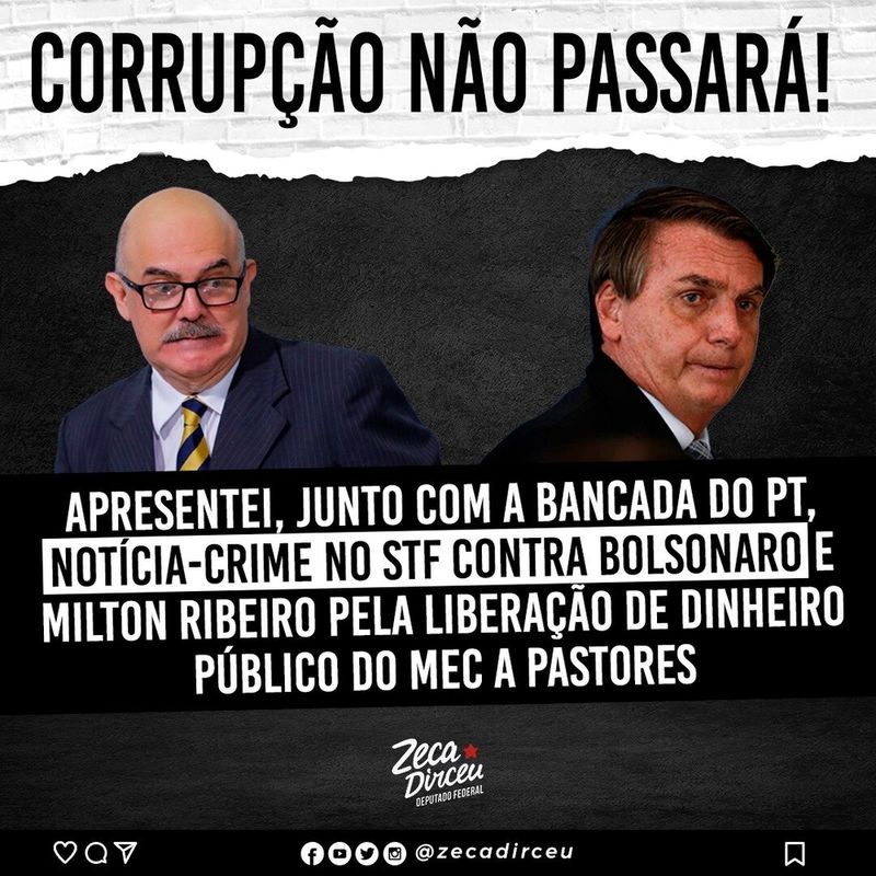 Zeca Dirceu apresenta notícia-crime contra ministro da Educação por caso de propinas no MEC